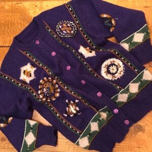 Purple Knit Cardi with Geometric Patterns